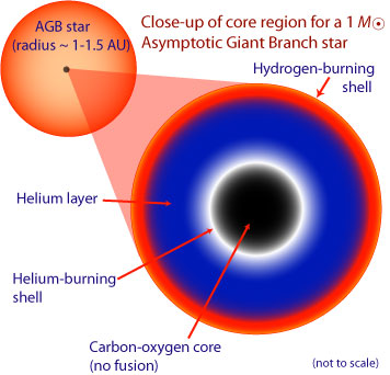 Cutaway diagram showing the layered core of an Asymptotic Giant Branch star: a dark carbon-oxygen core at center with no fusion, surrounded by a blue helium-burning shell, a helium layer, and an outer red hydrogen-burning shell. An inset shows the full AGB star with radius labeled as approximately 1 to 1.5 AU.