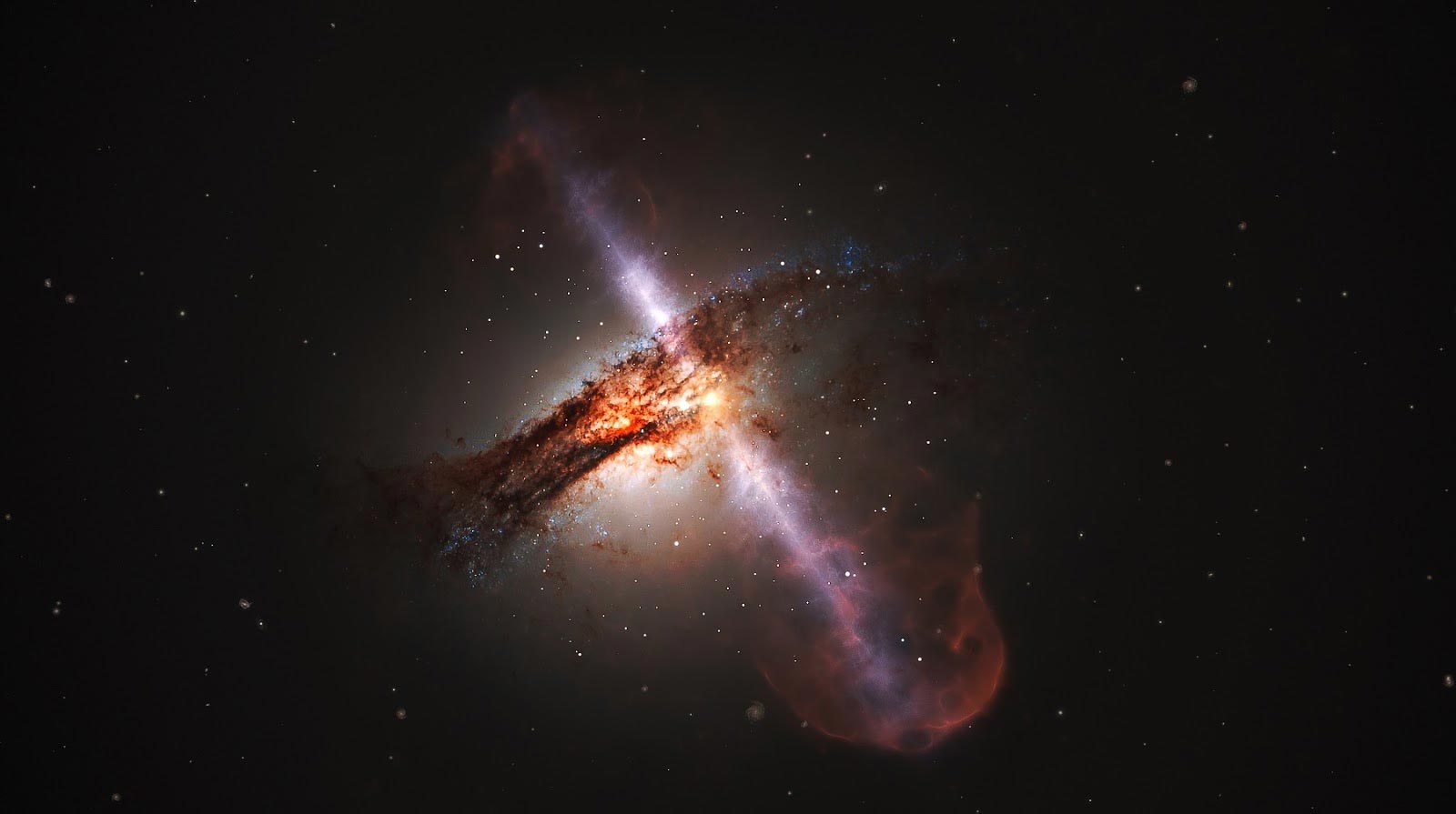 Astronomical image or composite of an active galactic nucleus with bright central emission and extended jet-like or lobe-like structures.