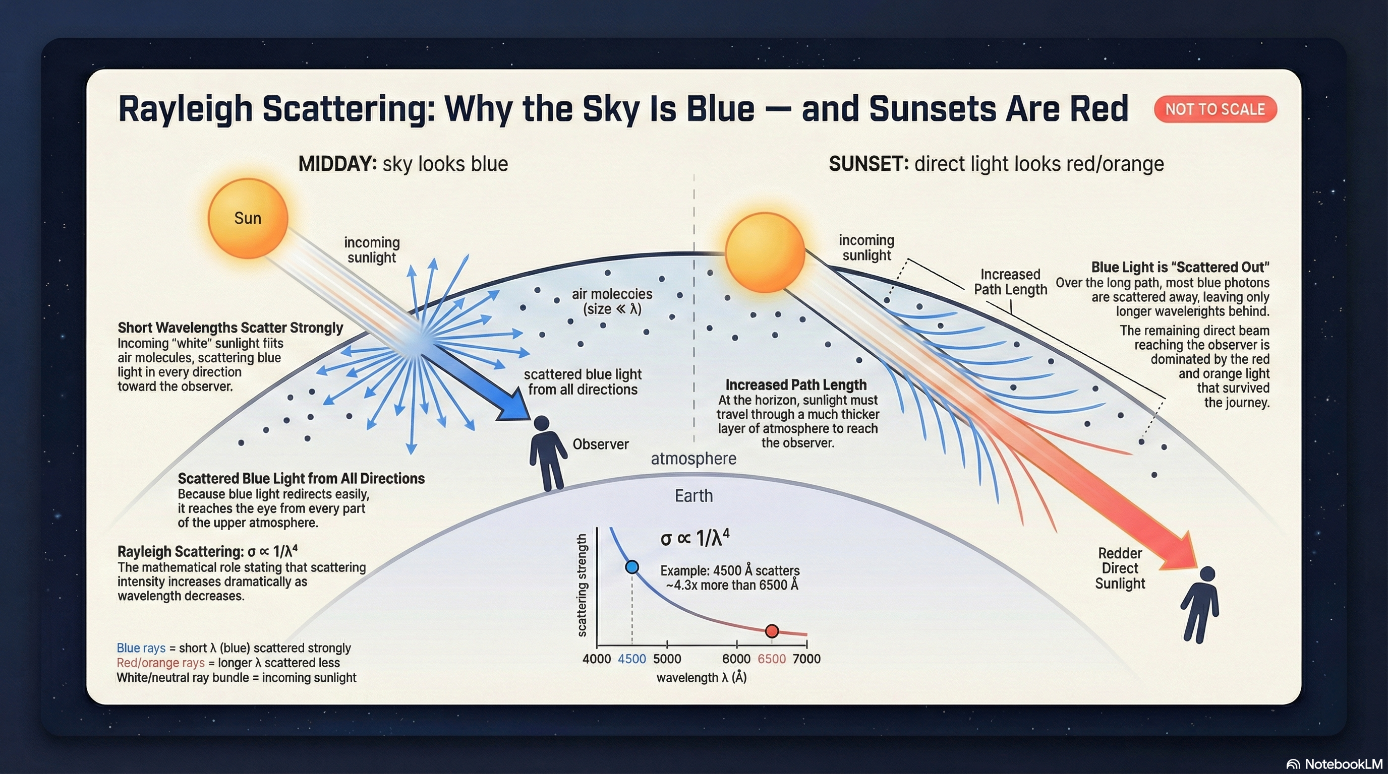 Diagram showing sunlight entering atmosphere. Blue light (short wavelength) scatters in all directions while red light (long wavelength) passes through more directly. Viewer looking up sees scattered blue; viewer at sunset sees transmitted red.