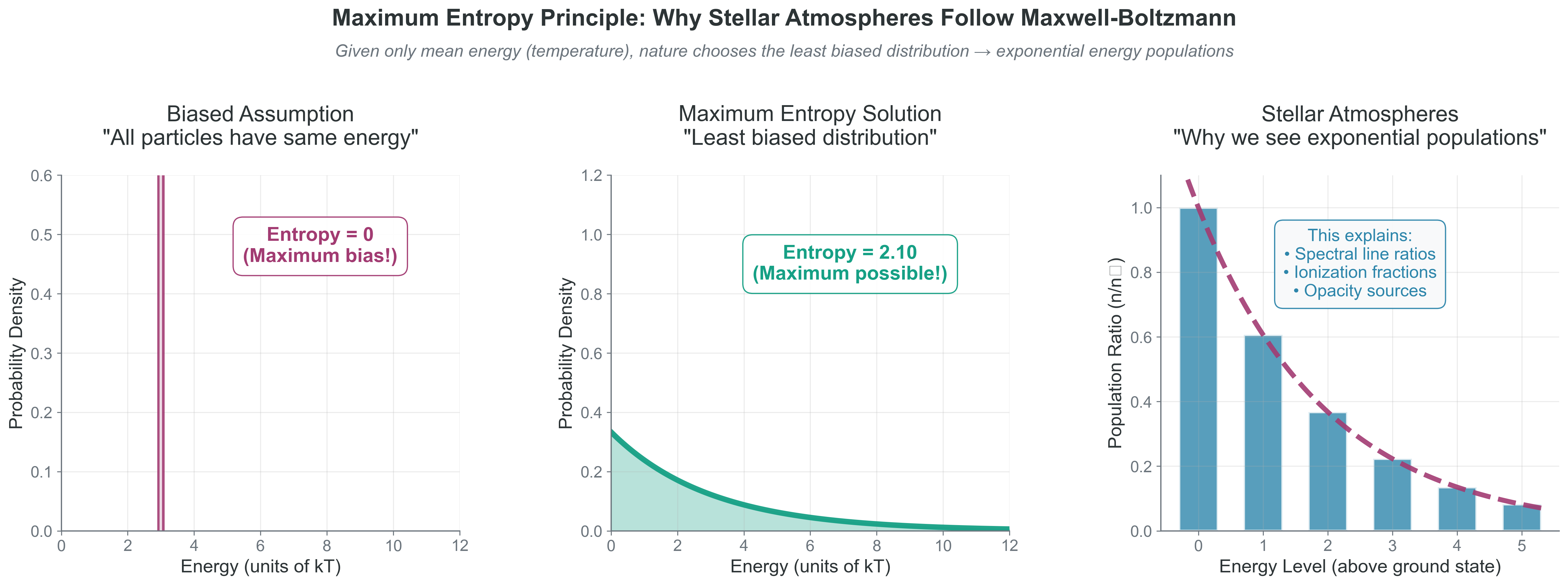 Maximum Entropy Principle explains why stellar atmospheres follow Maxwell-Boltzmann distributions. Left: If all particles had identical energy (biased assumption), entropy = 0. Center: Given only the constraint of fixed mean energy, the exponential distribution maximizes entropy (S = 1 + ln(kT) ≈ 2.10), representing nature’s least biased choice. Right: In stellar atmospheres, this manifests as exponential decay in energy level populations following the Boltzmann law: n/n₀ = exp(-E/kT), which determines spectral line ratios and ionization fractions.
