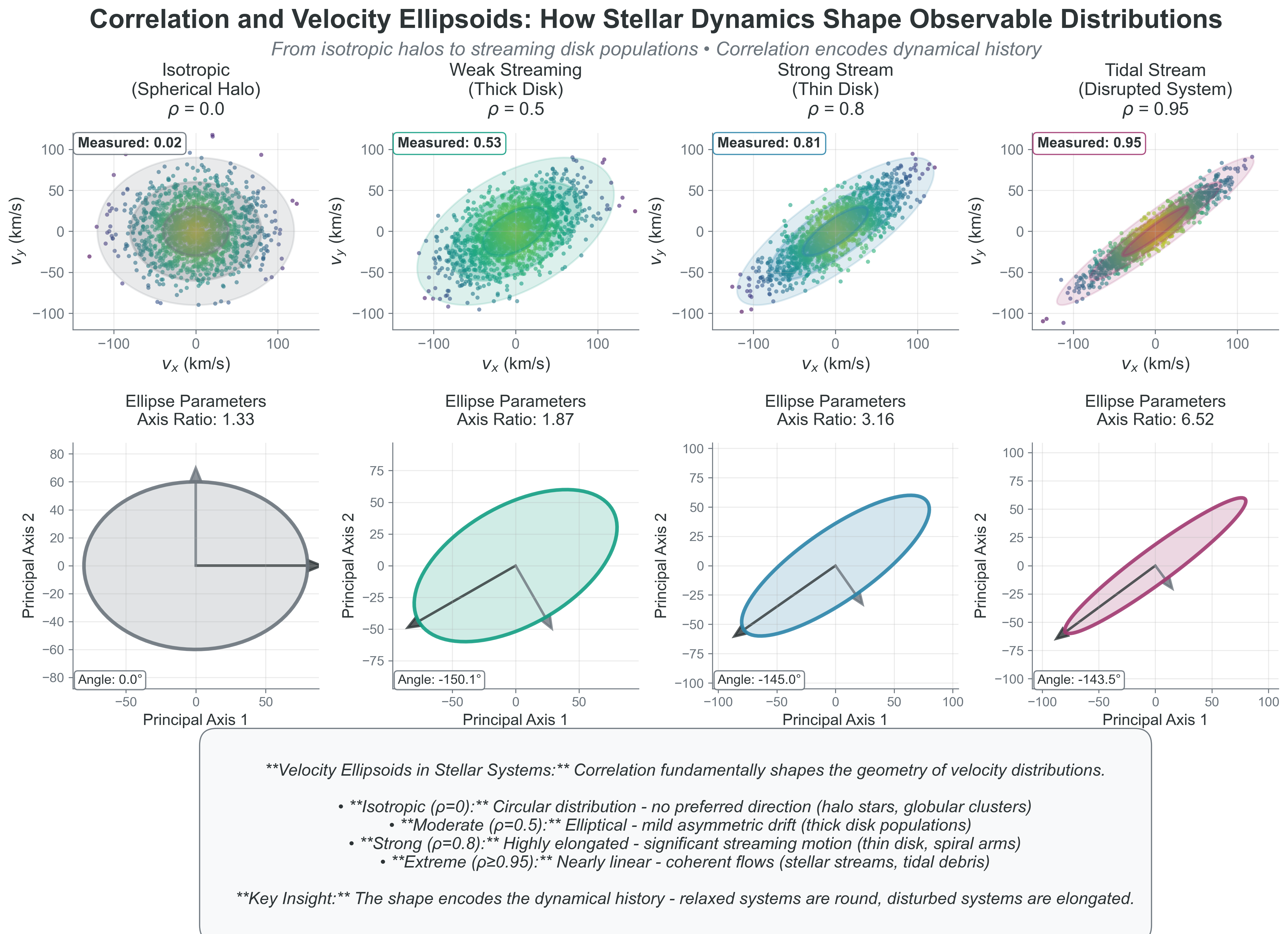 Correlation and Velocity Ellipsoids: How Stellar Dynamics Shape Observable Distributions. This comprehensive demonstration shows how correlation fundamentally shapes velocity distributions in stellar systems, directly connecting statistical concepts to observable astrophysics. Top row: Stellar velocity scatter plots across different dynamical environments, from isotropic spherical halos (ρ=0.0) through increasingly correlated systems representing thick disk (ρ=0.5), thin disk (ρ=0.8), and tidal stream populations (ρ=0.95). Each panel shows 1,500 synthetic stars with speeds color-coded (darker = faster) and confidence ellipsoids (1σ, 2σ, 3σ) revealing the characteristic elliptical structure that emerges from correlation. Bottom row: Principal component analysis of the same systems shows the underlying elliptical geometry explicitly, with major and minor axes proportional to the eigenvalues of the covariance matrix. As correlation increases, the axis ratio grows from 1.33 (nearly circular) to 6.52 (highly elongated), while the orientation encodes the preferred direction of streaming motion. The progression from ρ=0 → 0.95 represents the evolution from relaxed systems (globular clusters, stellar halos) to dynamically young or disturbed populations (stellar streams, spiral arm features). This figure illustrates why velocity ellipsoids are fundamental tools in galactic archaeology - the shape directly encodes the dynamical history and current state of stellar populations, making correlation a powerful diagnostic of astrophysical processes.