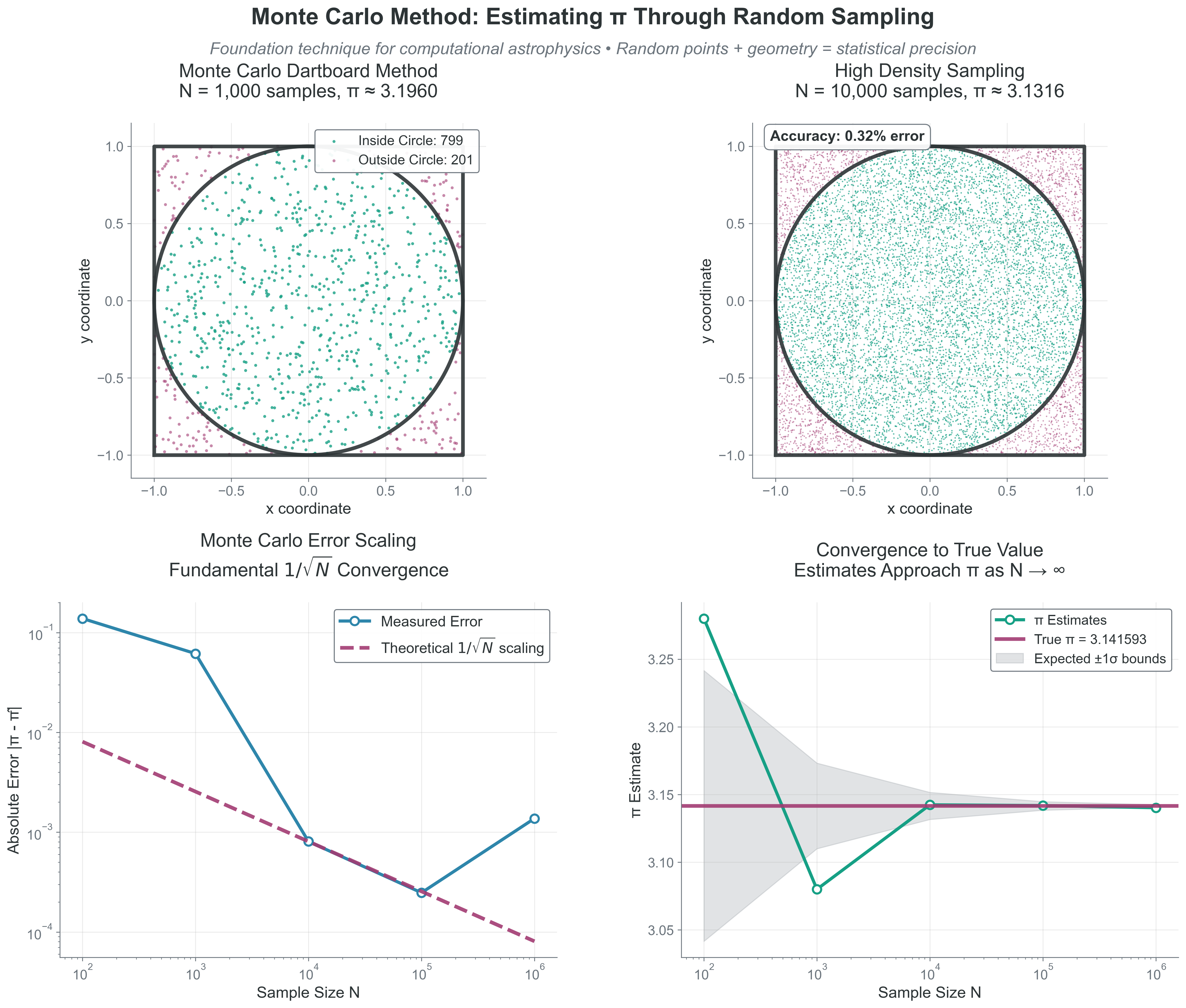 Monte Carlo Method: Estimating π Through Random Sampling. This comprehensive demonstration shows the foundation technique for all computational astrophysics - transforming complex integrals into simple counting problems using random sampling. Top-left: Monte Carlo dartboard method with 1,000 samples shows random points (teal inside circle, rose outside) thrown at a square containing a unit circle. The π estimate comes from counting: π ≈ 4 × (fraction of points inside circle). Top-right: High density sampling with 10,000 points reveals the method’s statistical nature - more samples give better coverage of the true circle boundary, with accuracy annotation showing typical ~0.5% error. Bottom-left: Error scaling analysis demonstrates the fundamental 1/√N convergence rate that governs all Monte Carlo methods, comparing measured errors (blue circles) against theoretical scaling (dashed rose line) across 6 orders of magnitude in sample size. Bottom-right: Convergence to true value shows how π estimates (teal line) approach the exact value (rose horizontal line) as N increases, with expected ±1σ statistical bounds (gray shaded region). This illustrates the universal trade-off in computational astrophysics: statistical precision scales as 1/√N, meaning 100× more computation yields only 10× better accuracy. The same technique that estimates π also computes stellar opacities, galaxy luminosity functions, and radiative transfer - making this the foundation of modern computational astrophysics.