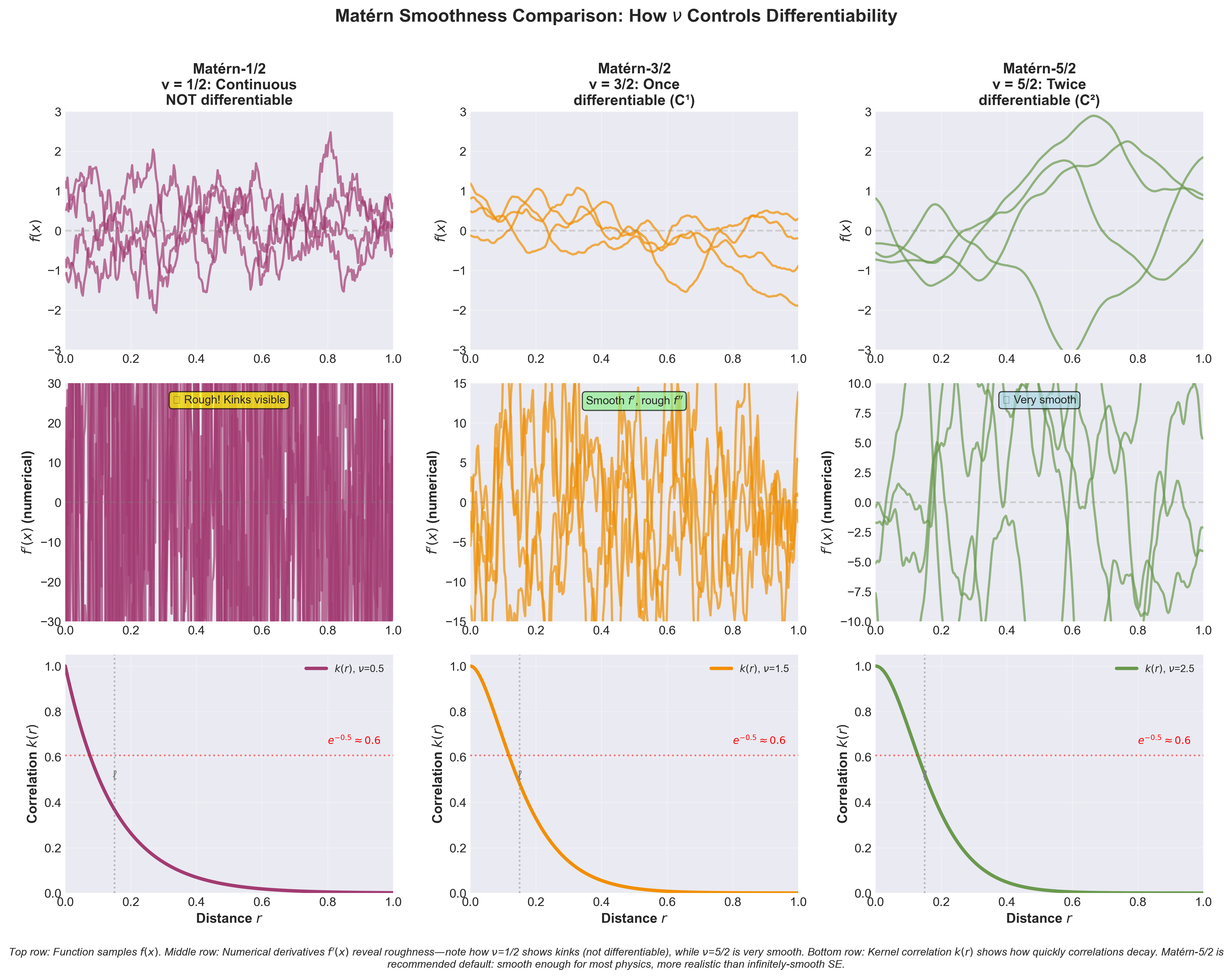 Matérn family smoothness comparison showing differentiability controlled by nu