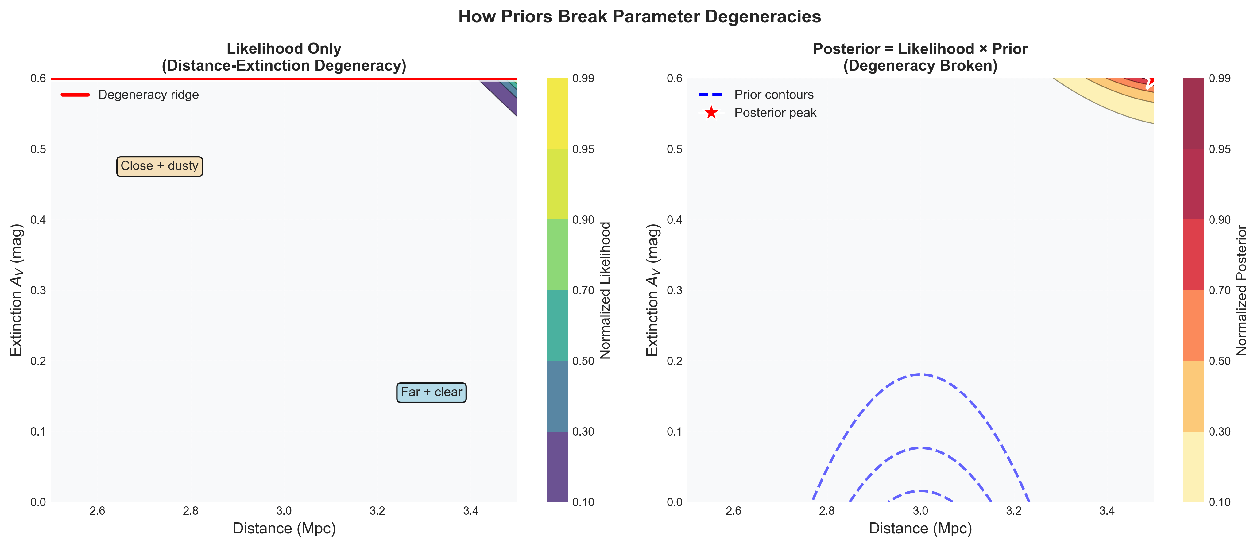 How priors break parameter degeneracies in 2D likelihood spaces. This side-by-side comparison demonstrates a fundamental challenge in astronomical inference: parameter degeneracy. Left panel (Likelihood Only): The distance-extinction degeneracy ridge (red line) shows that many parameter combinations produce equally good fits to the data. A star could be close and dusty (d ≈ 2.6 Mpc, A_V ≈ 0.5 mag) OR far and clear (d ≈ 3.4 Mpc, A_V ≈ 0.1 mag)—both predict the same observed magnitude. The likelihood alone cannot distinguish these scenarios because dust extinction and distance have similar effects on apparent brightness. Right panel (Posterior with Prior): Adding physically motivated priors breaks this degeneracy. A Gaussian prior on distance (from previous LMC measurements: 3.0 ± 0.15 Mpc, shown as blue dashed contours) combined with an exponential prior on extinction (most sightlines have low A_V, based on dust maps) concentrates probability mass on a single solution (red star). The posterior now strongly favors d ≈ 3.0 Mpc with A_V ≈ 0.2 mag. Key pedagogical insight: Priors aren’t subjective opinions—they encode objective astronomical knowledge (previous measurements, dust distribution statistics) that resolves ambiguities the data alone cannot. This is how the cosmic distance ladder works: each rung’s posterior becomes the next rung’s prior, progressively breaking degeneracies from local to cosmological scales.